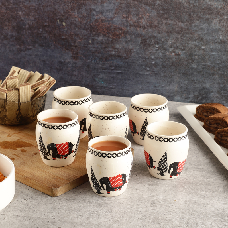 The Decor Lane Handmade & Handcrafted Ceramic White Matte Finish Printed Chai Kullad - Set of 6